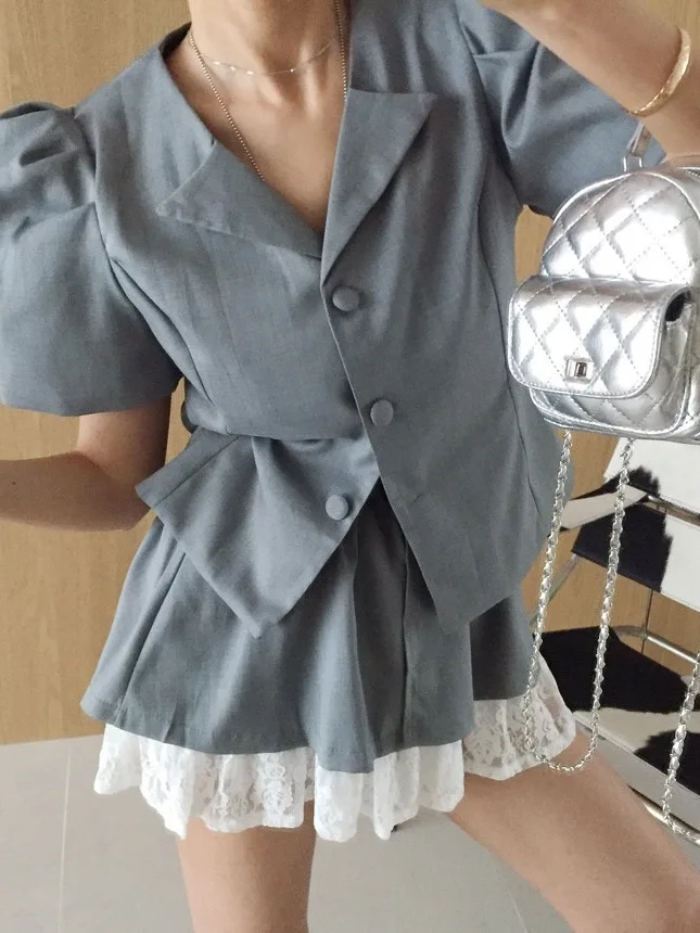 

Summer New Sle Women's Bubble Sve Suit Jaet Lace Splicing Skirt Set Anti-Aging Ele Faionable Outerwear