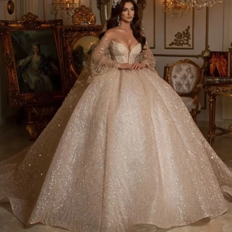 Luxury Shiny Champagne V-Neck Beading Long Sleeves Ball Gown Wedding Dress Gorgeous Beas Court Train Vintage Bridal Gown