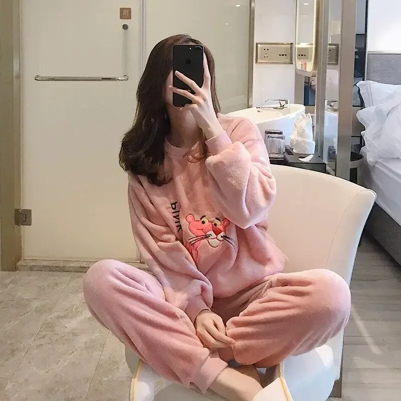 Plush Sleepwear Y2k Girl Winter Warm Women Pajamas Thick Pajama Sets Flannel Kawaii Clothes Coral Velvet Homewear Long Sleeve