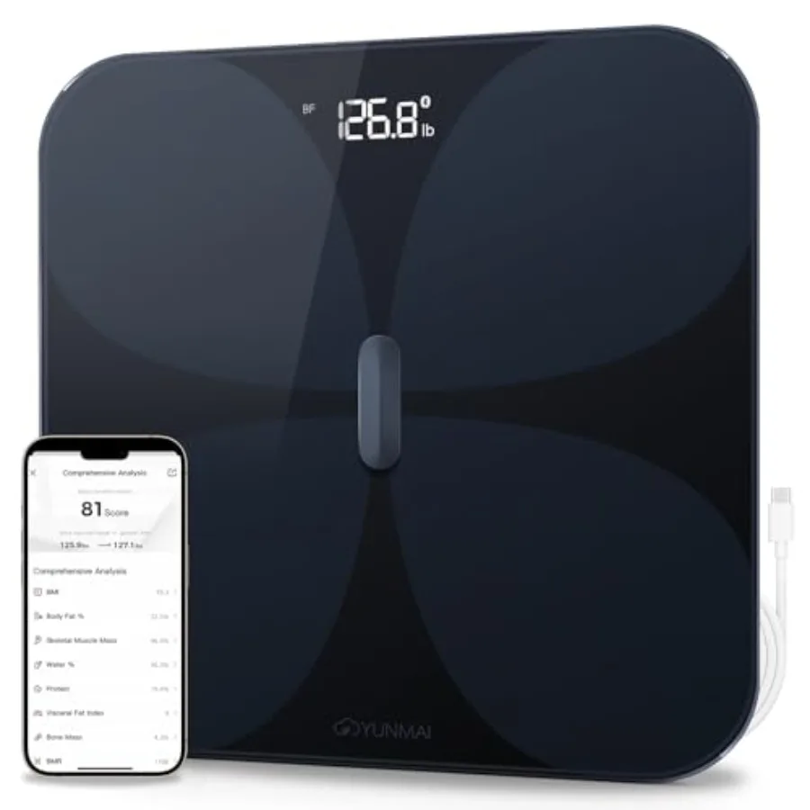 

Bathroom scale for home use, tempered glass, white, 13-in-1 body composition analysis with Bluetooth and Apple Health compatibi