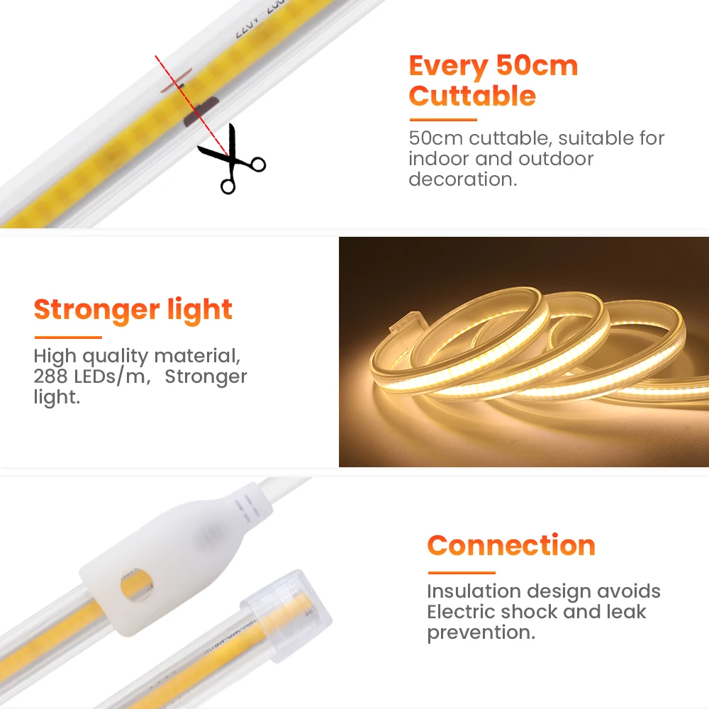 AC 220V COB LED Strip Lights 288LED/m Adjustable Brightness Outdoor Waterproof Lamp 3000-6500K With Dimmer Switch EU Power Kit