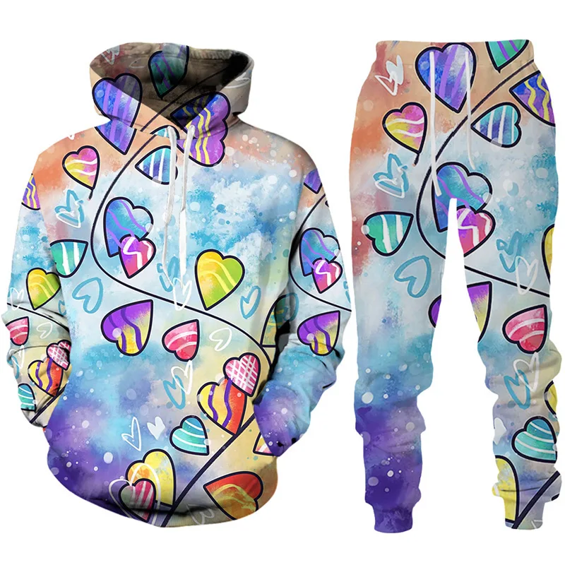 

Love Heart Pattern 3D Print Hoodies Pant Sets Men's Hooded Sweatshirts Sweatpants Casual Two Piece Suits Tracksuit Men Clothing