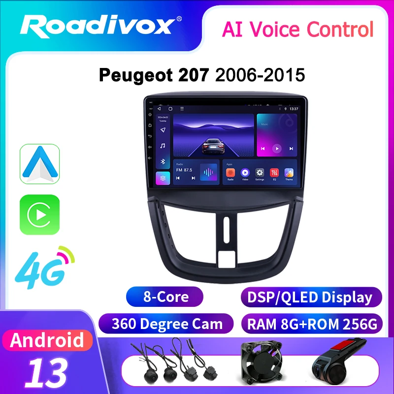 roadivox Android car radio for Peugeot 207 2006 2015 GPS Navigation video screen Multimedia Player tape recorder carplay stereo