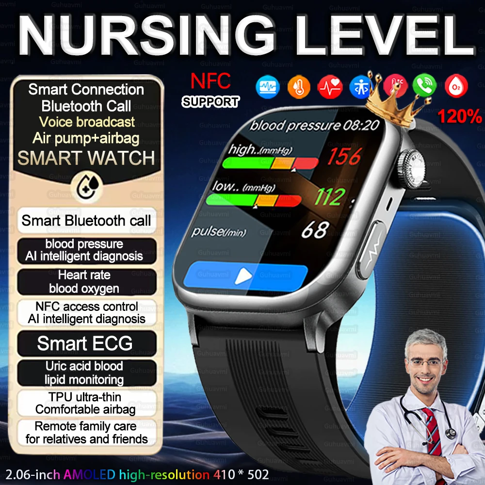 

2025 New Air Bag Measure Smart Watch Men Blood Fat ECG+PPG Blood Pressure HRV Broadcast NFC HD Call Health Bracelet Men Woman