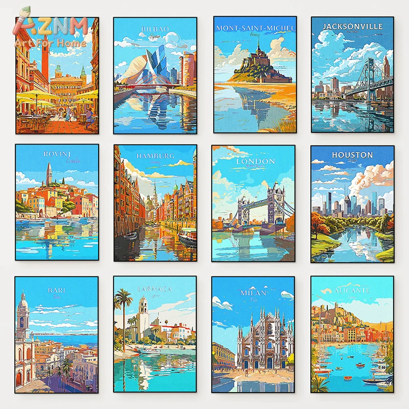 AZNM Vintage Travel City Canvas Wall Art - Retro Print of Global Landmarks Including Bologna, Bilbao, Mont-Saint-Michel, London,