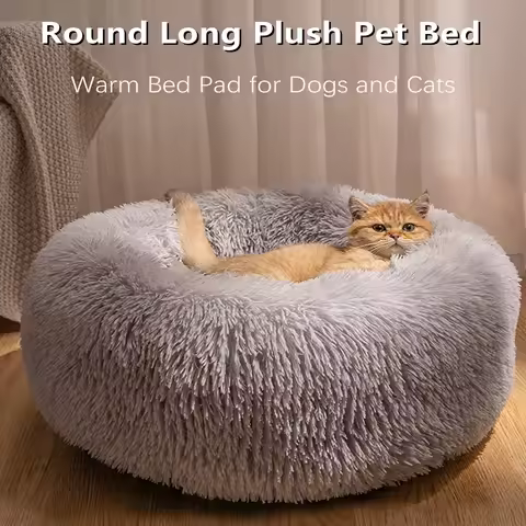 Casa de pelúcia longa e macia para gatos, cama para cachorro, calma, quente, pele sintética, donut, redonda, confortável, cama de dormir, lavável para cães pequenos e médios