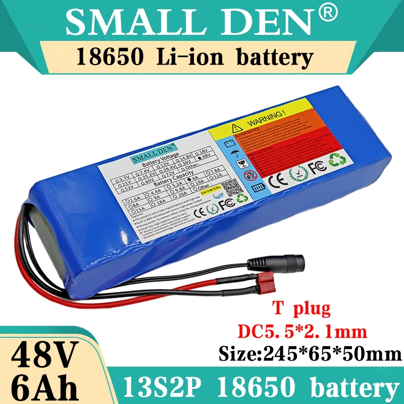 

48V 6Ah 18650 13S2P Lithium Battery Pack Built-in 15A BMS for Electric Bike Scooter Skateboard Bicycle Etc + 54.6V 2A charger