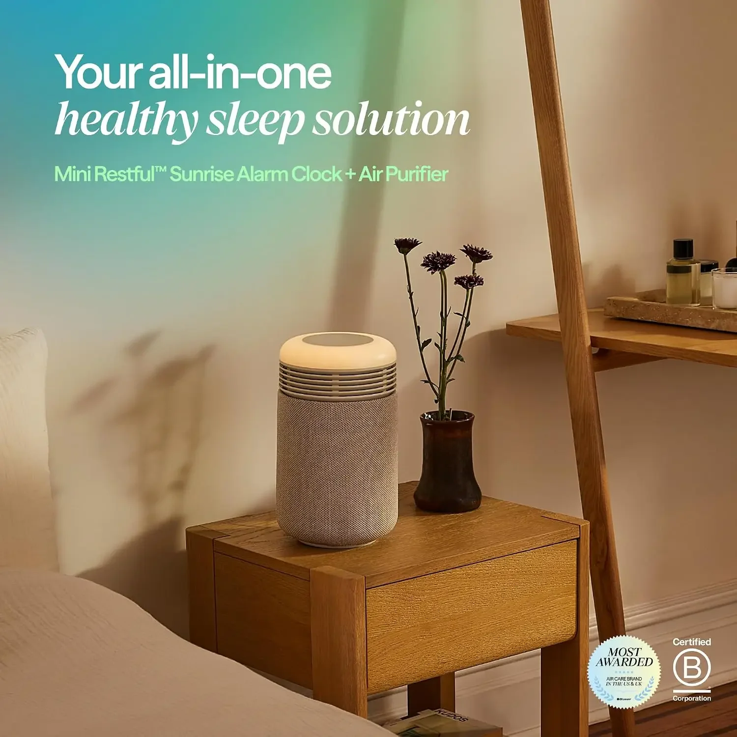 Mini Restful Bedroom Air Purifier with Sunrise Alarm Clock, Beige | HEPASilent air purification, sunrise alarm, adjustable night