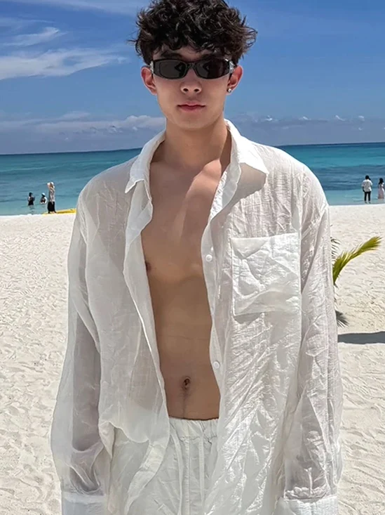 

Beach Vaion Sle Men's Cotton Linen irt Loose Long Sve Sun Protection Open Cardigan Silk Linen Breathable Trendy irt