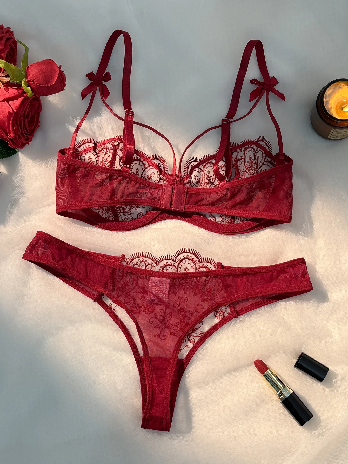 WineRed French-style floral embroidery lace lingerie set, sexy see-through padded support, Valentine's Day party ZA824057