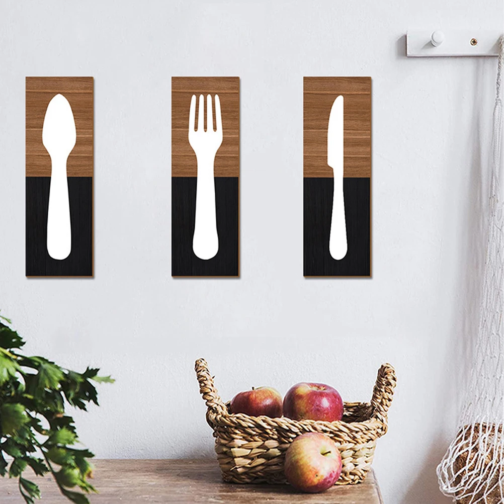 

3Pcs Wooden Kitchen Wall Hanging Sign Fork Cutter Spoon Rustic Board Decor for Restaurant Wooden Wall Hanging Pendant