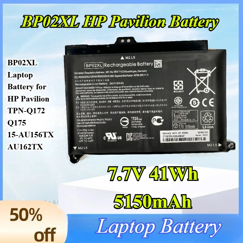 

Аккумулятор для ноутбука 7.7V 41Wh 5150mAh BP02XL для HP Pavilion PC TPN-Q172 Q175 15-AU156TX AU162TX