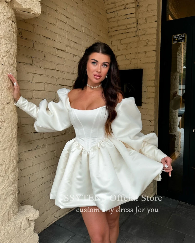 SSYTENS A Line Satin Short Wedding Dresses Long Sleeves Off The Shoulder Bridal Gowns Gorset Back Custom Bride Party Gowns 2025