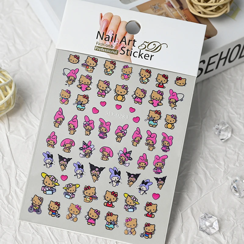 5D Navidad Rosa-Rojo dibujos animados Hello Kitty pegatinas de uñas Kawaii multi-expresión Kitty/Kuromi calcomanía de uñas DIY chica manicura deslizador