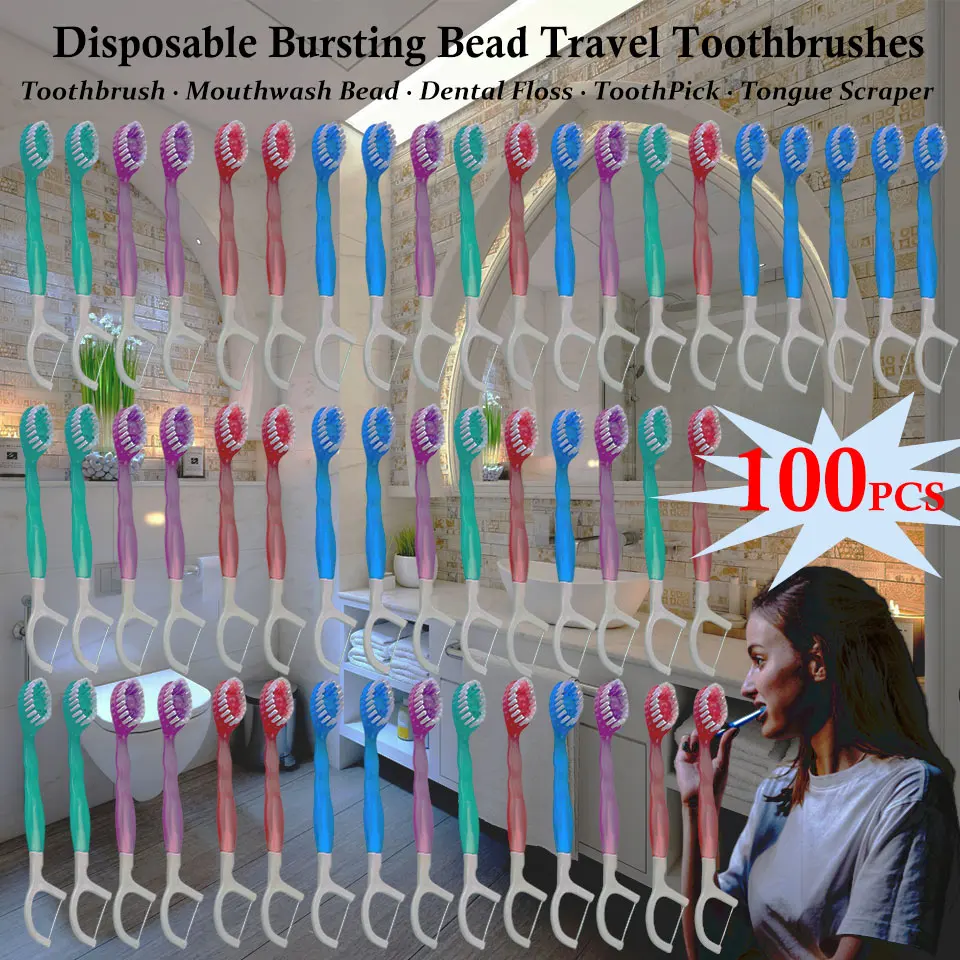 

100PCS Disposable Toothbrushes for Travel with Mouthwash Bead Dental Floss Teeth Pick Bulk Toothbrushes Hotel Wholesale Cheap