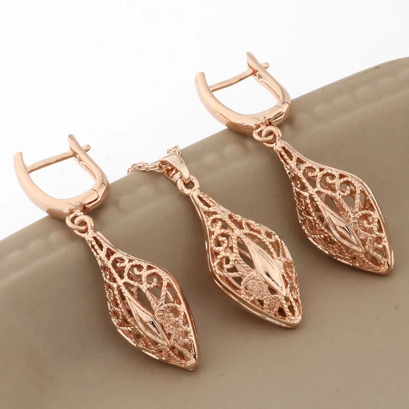 New Carve Flower Hollow Long Earrings Jewelry Sets For Women Unusual Gift Wedding Fashion 585 Rose Gold Color Jewelry Sets