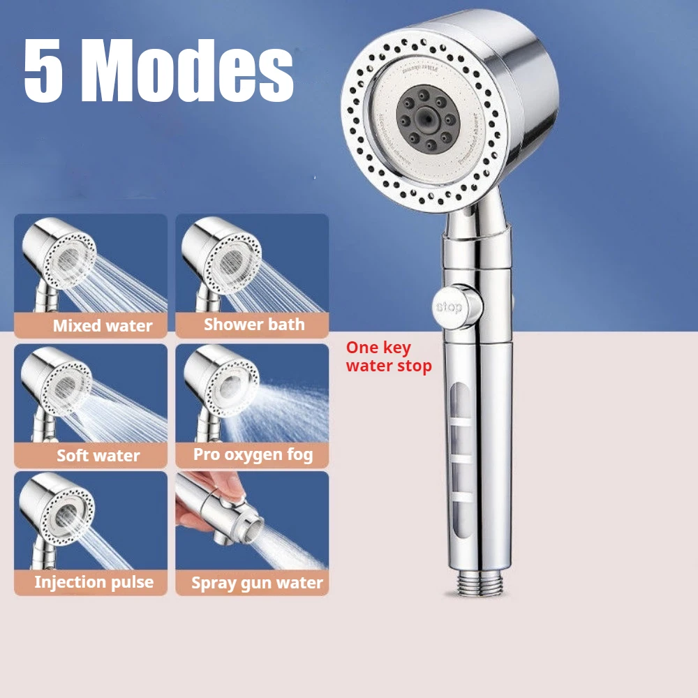 5 Spray Filtered Shower Head ABS High-Pressure Water Saving Showerhead Fall Resistance Bath Shower Nozzle Set with Stop Button