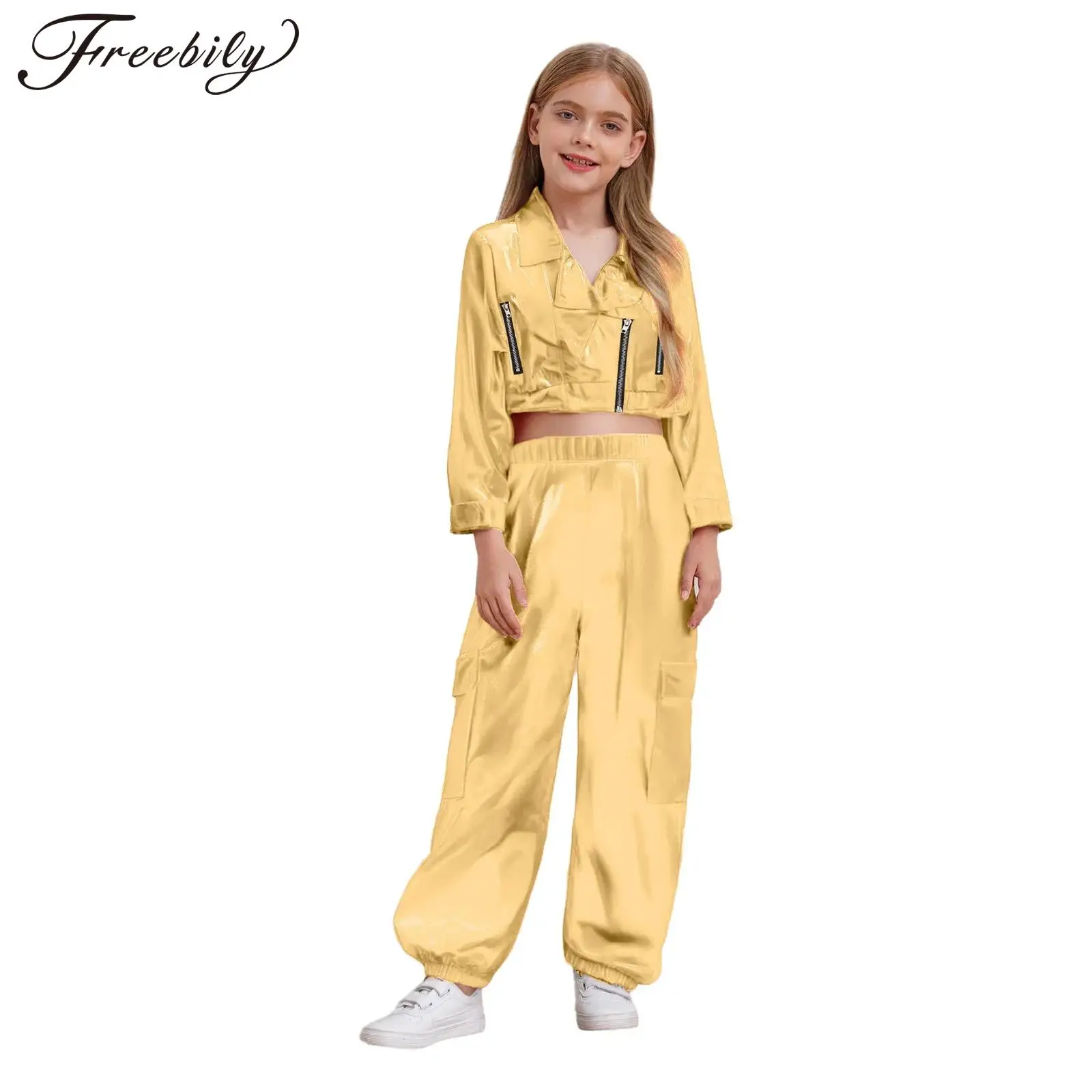 

Children Boys Girls Hip-Hop Jazz Dance Costume Zipper Jacket Long Sleeve Metallic Outwear with Shiny Pants Skateboard Streetwear
