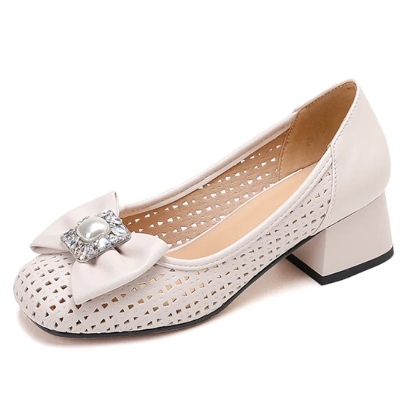 

Elegant Women's Low Heels Pumps 2025 Shallow Sweet Bow-tied Beige Pink Blue Short Heeled Office Wedding Shoes Ladies Breathable