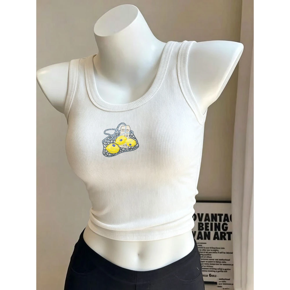 Plastiktüten-Lemon-Fruits Niedliches Cartoon-Grafik Y2K Camisole Geripptes Tanktop Slim Fit Crop Top Ärmellos Rundhals Cropped Cami