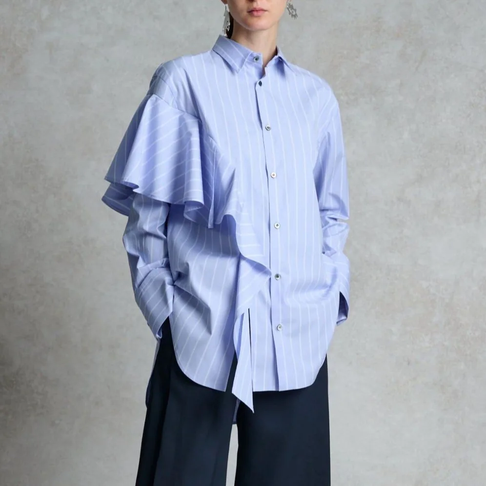 Pinstripe Blue Women Shirt 1 Piece Blazer Designer Formal Cotton Office Lady Work Wear Jacket Coat With Wrinkled Stripes