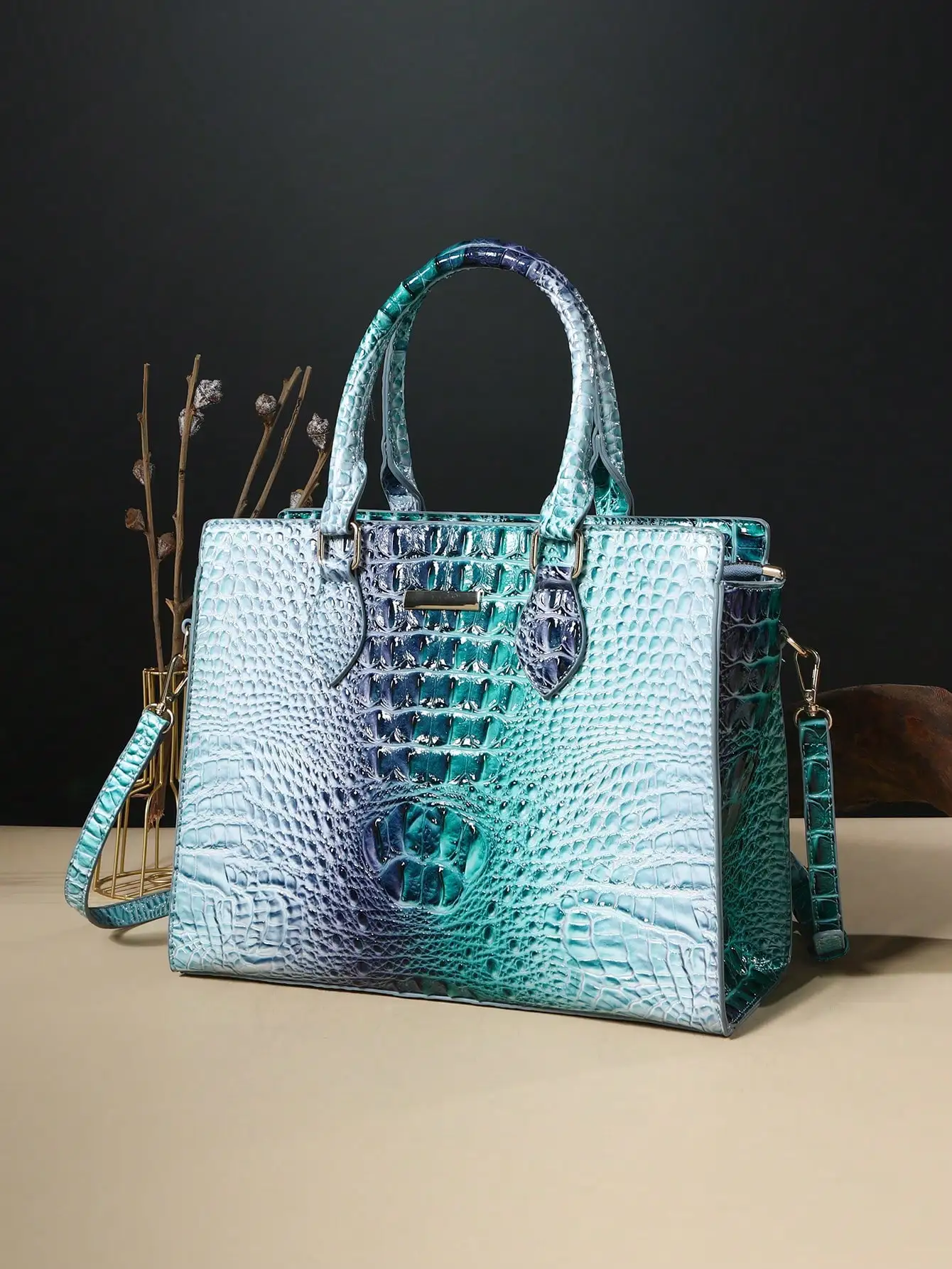 3‑Piece Set: Colorful Crocodile Pattern Large Capacity Faux Leather Women Tote Crossbody Bag With Matching Wallet And Card Holder