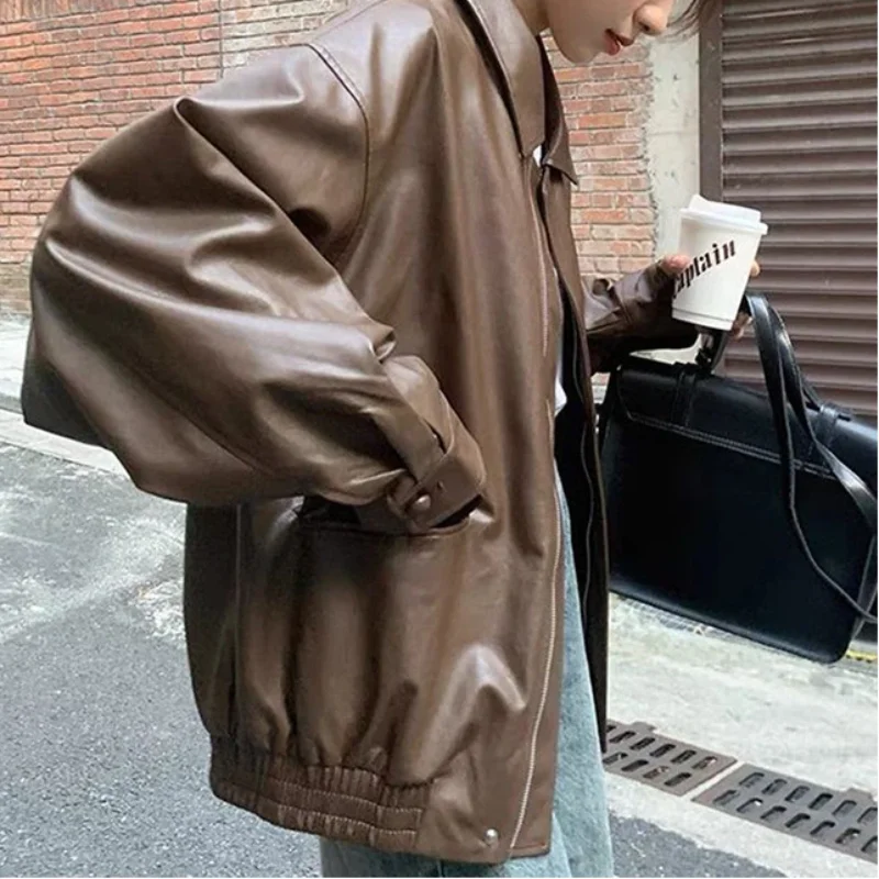 

Women's Korean Style Loose Leather Jacket Retro Brown Short New Fashion Cool Biker Coat Spring Autumn