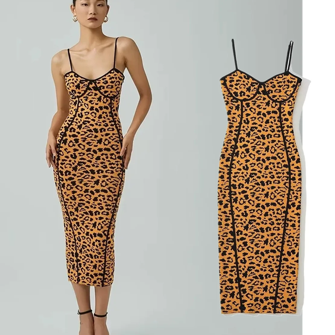 

Jenny&Dave Ins Blogger Retro Leopard Print Spaghetti Strapless Sexy Party Dress Women Sheath Knitted Dress