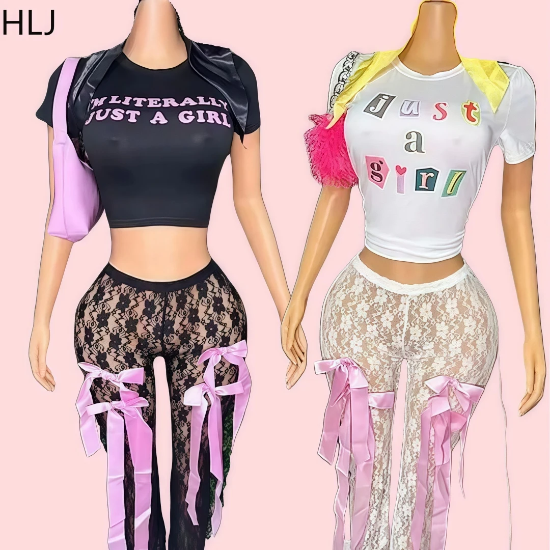 

HLJ&GG Fashion Y2K Streetwear Women Letter Print O Neck Slim Crop Top And Mesh Sheer Bow Skinny Pants 2 Piece Sets Outfits 2024