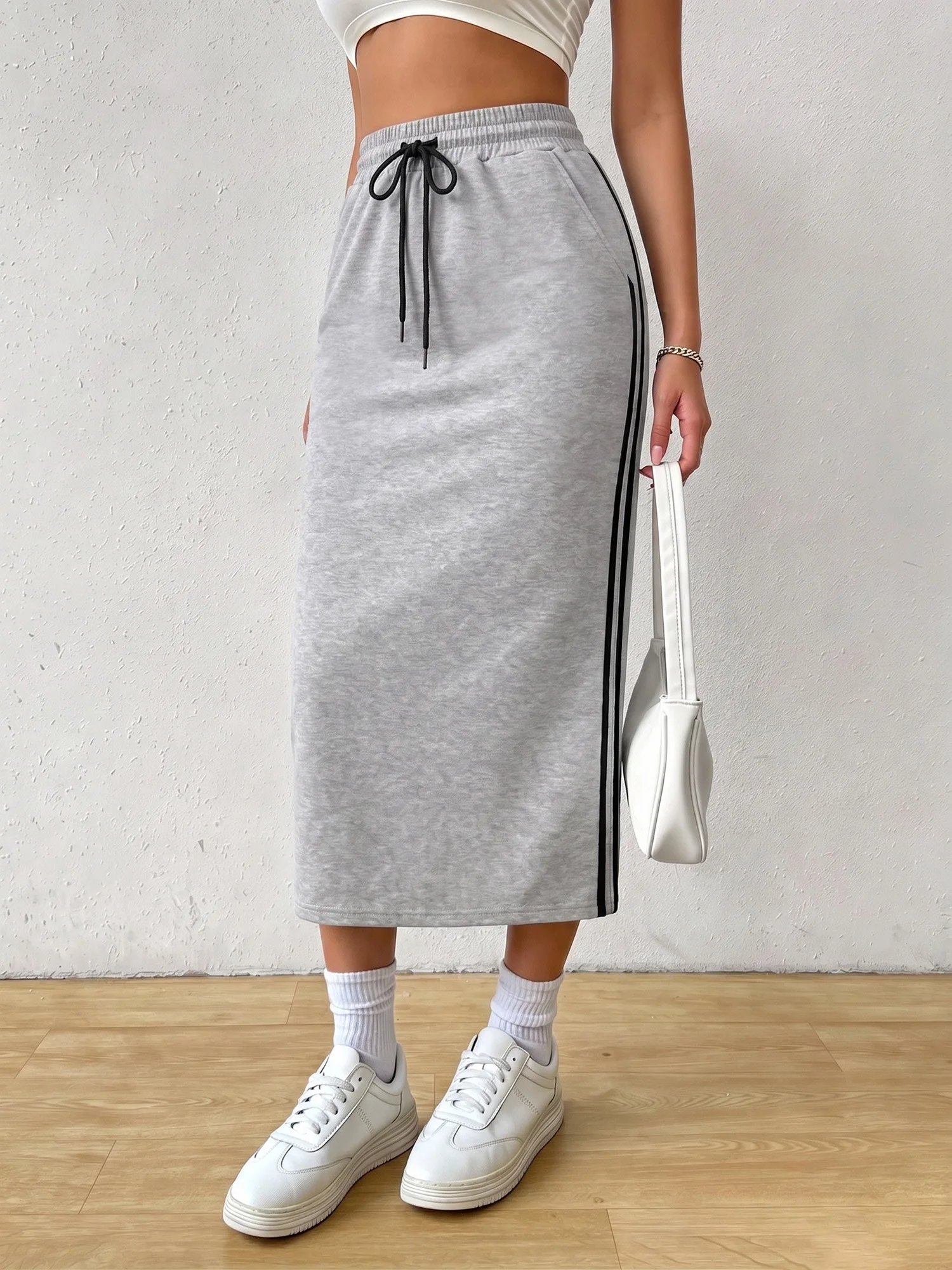 2026 Viral Street Gray Striped Midi Sweat Skirt Side Slit Slim Fit Elastic Drawstring Waist Pocket Long Skirt Women