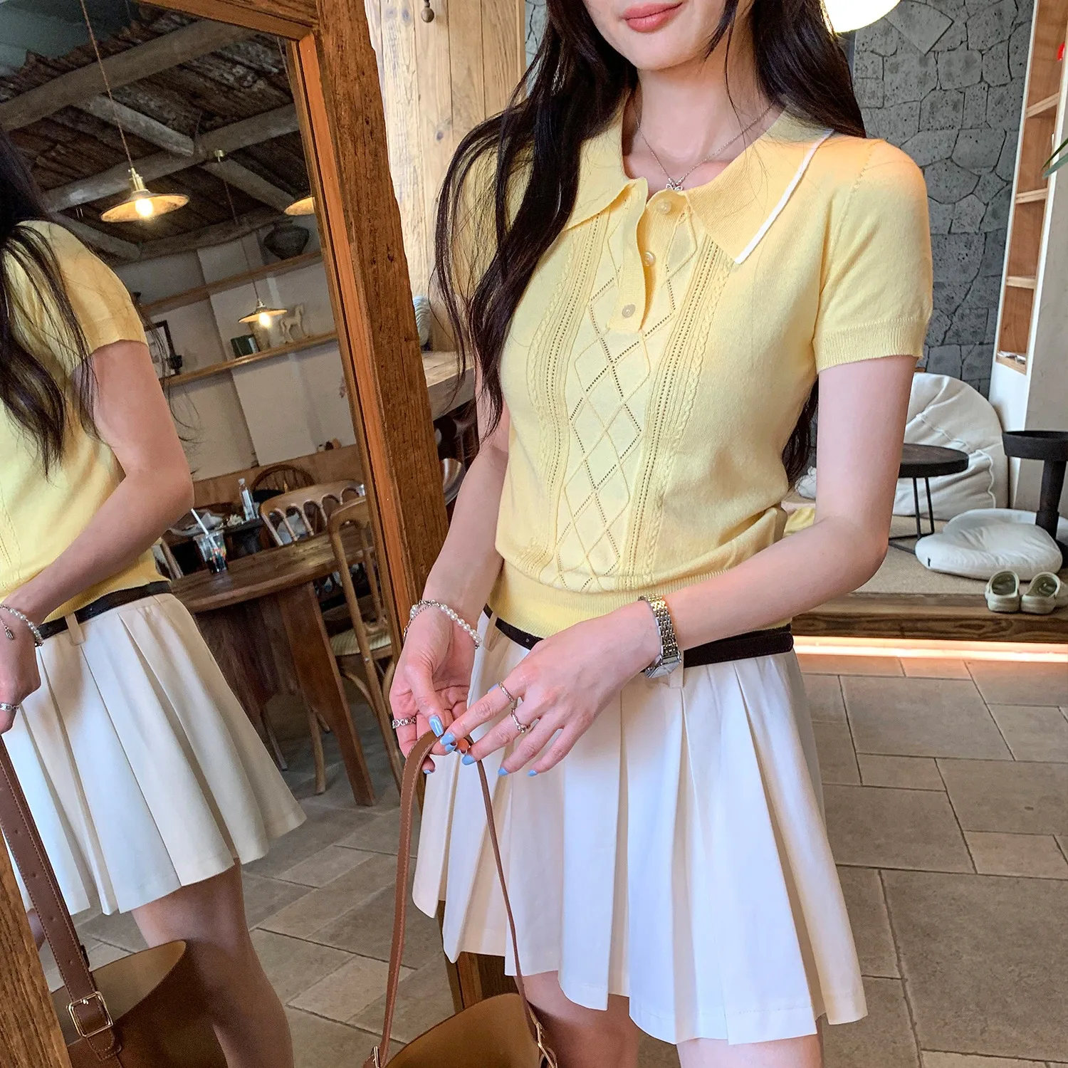 

Корейская женская летняя новая модная повседневная одежда: желтая вязаная рубашка с воротником из мягкого полиэфирного волокна