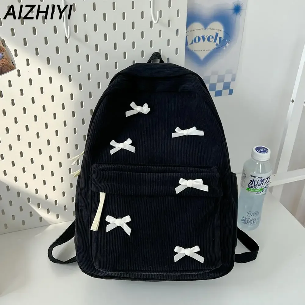 Cute Bowknot Aesthetic Backpack Corduroy School Bag for Girls Teens Student Black Book Bag Women Casual Travel Daypack Rucksack