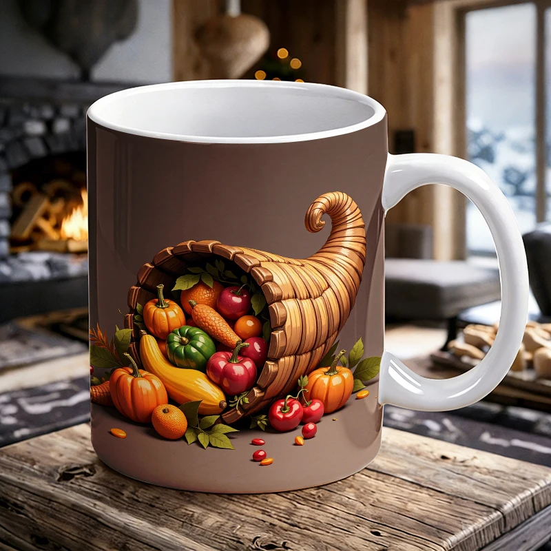 

11ozTrendy All-Over Print 3D Cornucopia & Harvest Vegetables Ceramic Coffee Mug, Creative Vegetable Illustration Tea Cup