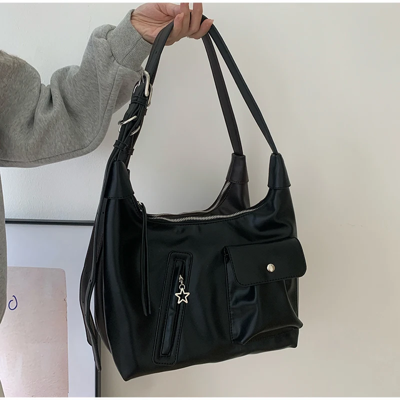 Korean Retro Hobo Shoulder Bag Multi‑pocket Star Zipper Decor Soft Faux Leather Crossbody Bag Casual Daily Commute Tote Purse view 2