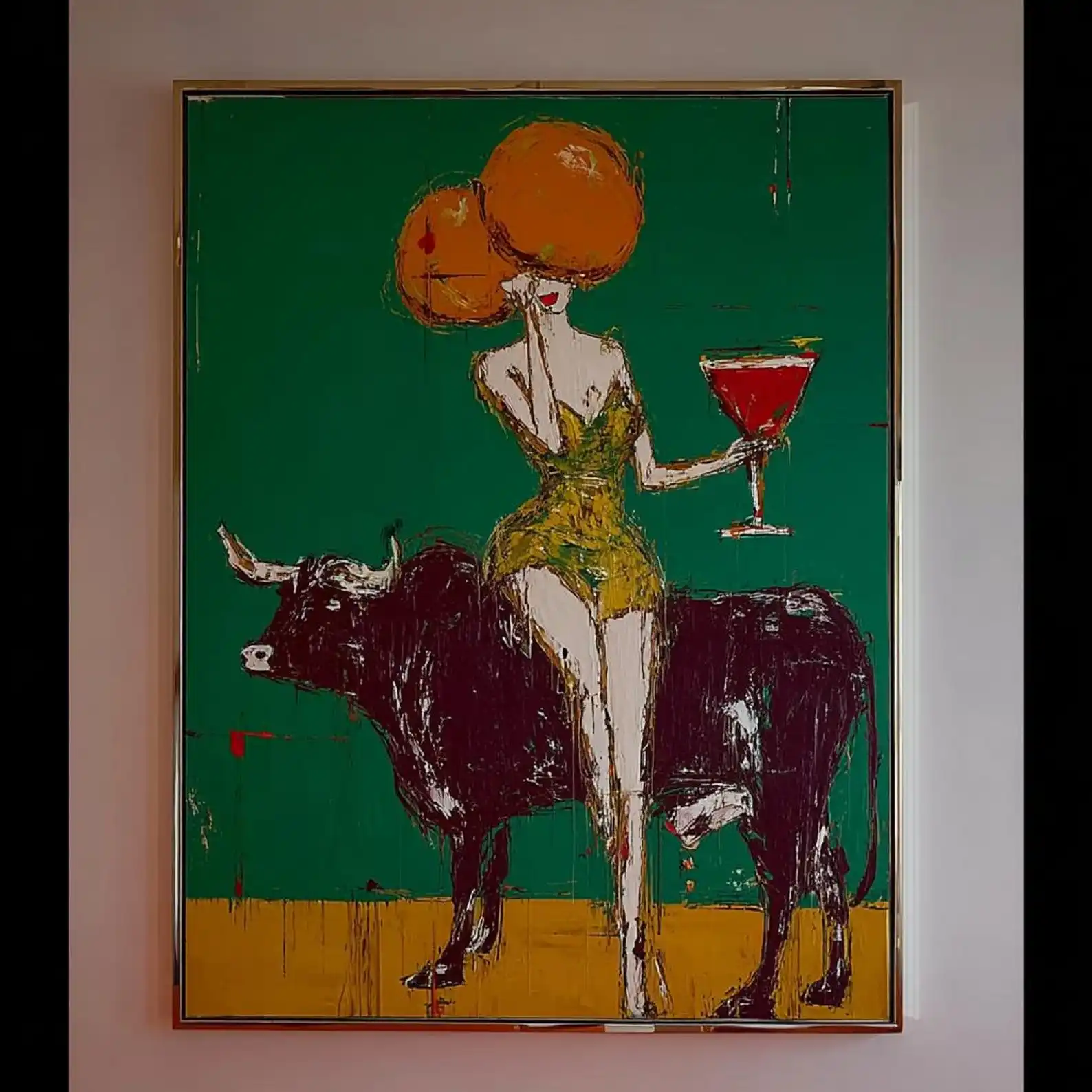 Mhemyo - Pintura Abstracta de Mujer con Toro, Pintada a Mano, Arte Moderno Expresionista, Mujer con Vino, Obra de Arte en Lienzo, Arte de Pared Verde Intenso, Decoración del Hogar