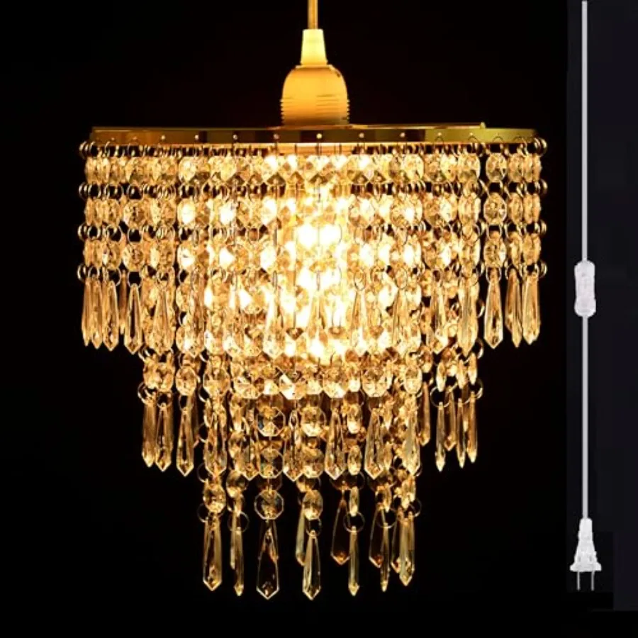 Frame 3 Tiers Faux Crystal Acrylic Beaded Chandelier Ceilg Pendant Light with Clear Acrylic Jewel Droplets with ON/Off Switch a