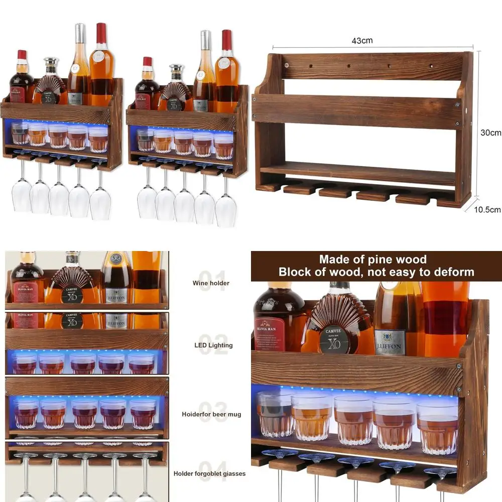 

Wall-Mounted Wooden Wine Rack with LED Lighting, Glass Holder, and Floating Shelves for Home Bar and Dining Areas