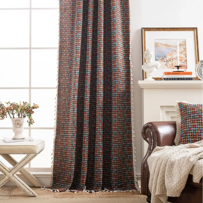 Retro Classic Jacquard Colored Geometric Curtains Semi-blocking Curtains for Living Room Bedroom Dining Custom Size Tulle Drapes