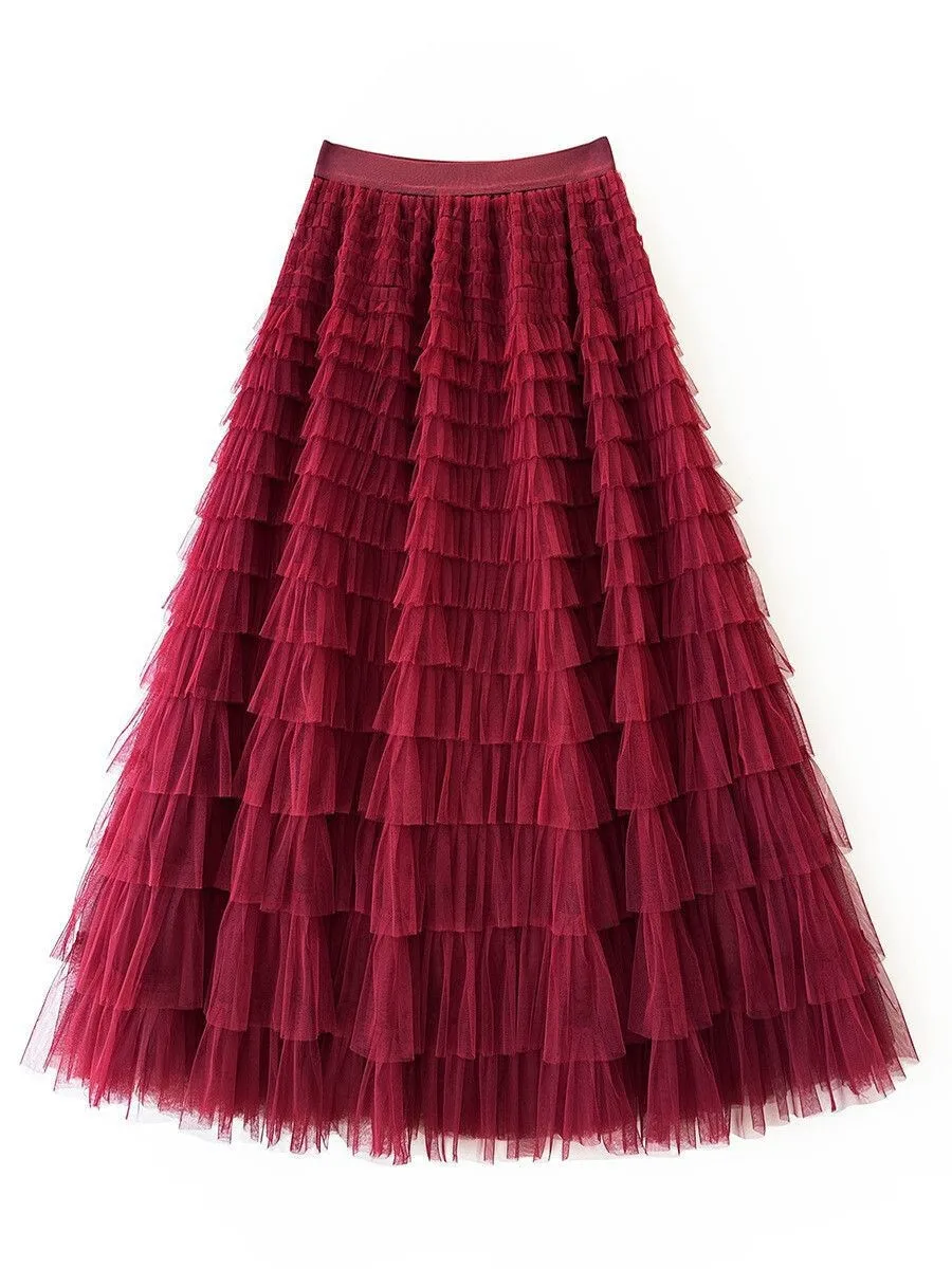 HOT Solid Multilayer Ruffle Mesh Skirt Women Boho High Waist Long Maxi Tulle Skirt Spring Summer Party Women's Clothing