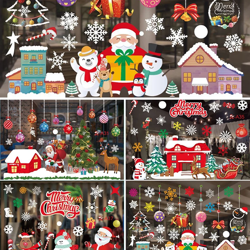 Removable Christmas Window Wall Sticker Cute Santa Claus Snowflake PVC Static Glass Stickers For Home New Year Xmas Party Decor