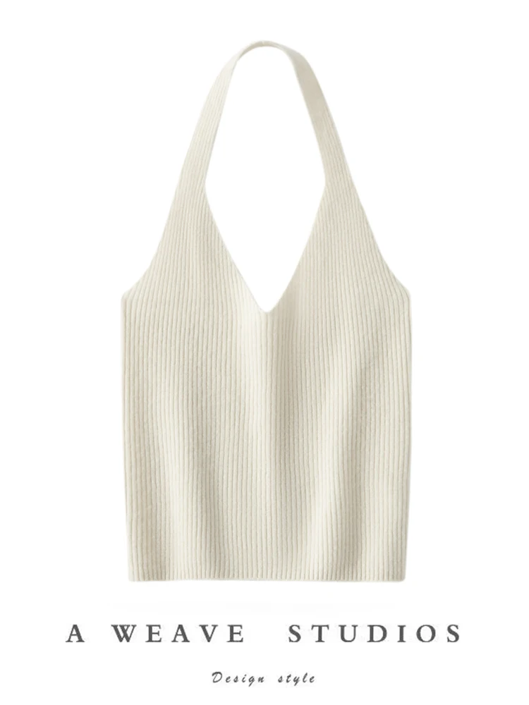 Spring Autumn Sweater Vest Women's Halter Strap Top Sexy Vest Pullover 100% Cashmere Sleeveless Knitted Waistcoat Hotsweet Rock