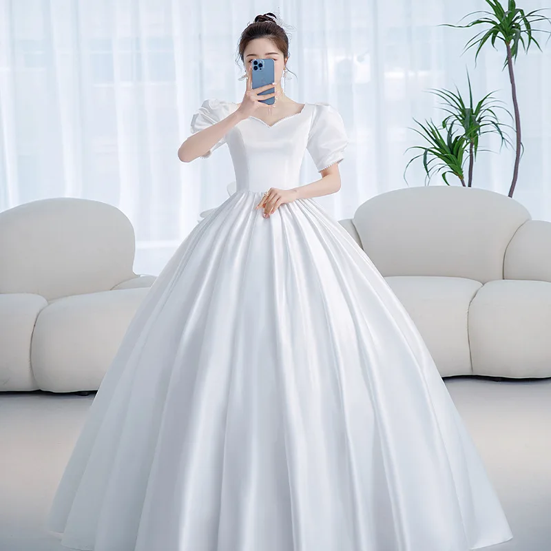 Vintage Princess Wedding Dress Satin Simple Wedding Gown Shining Beading Slim Bridal Dress Plus Size Robe De Mariee Customized