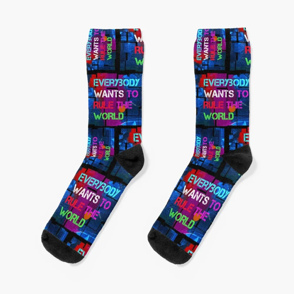 Everybody Wants to Rule the World - on funkyblue and red background Socks retro Non-slip sports stockings Women's Socks Men's