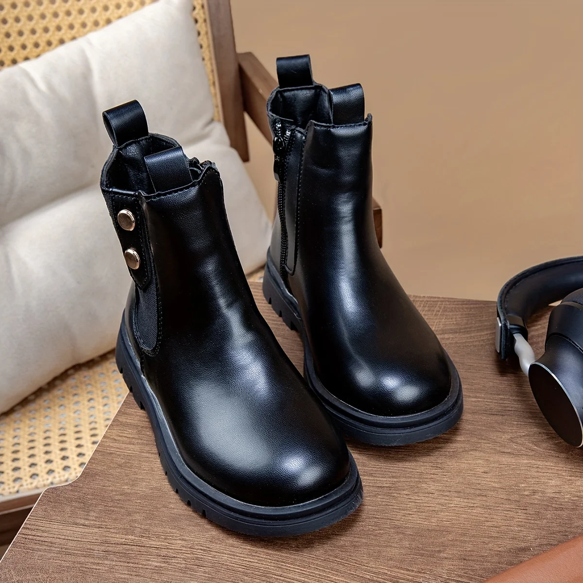 A Pair of Stylish Black Versatile Chimney-Style Boots for Girls