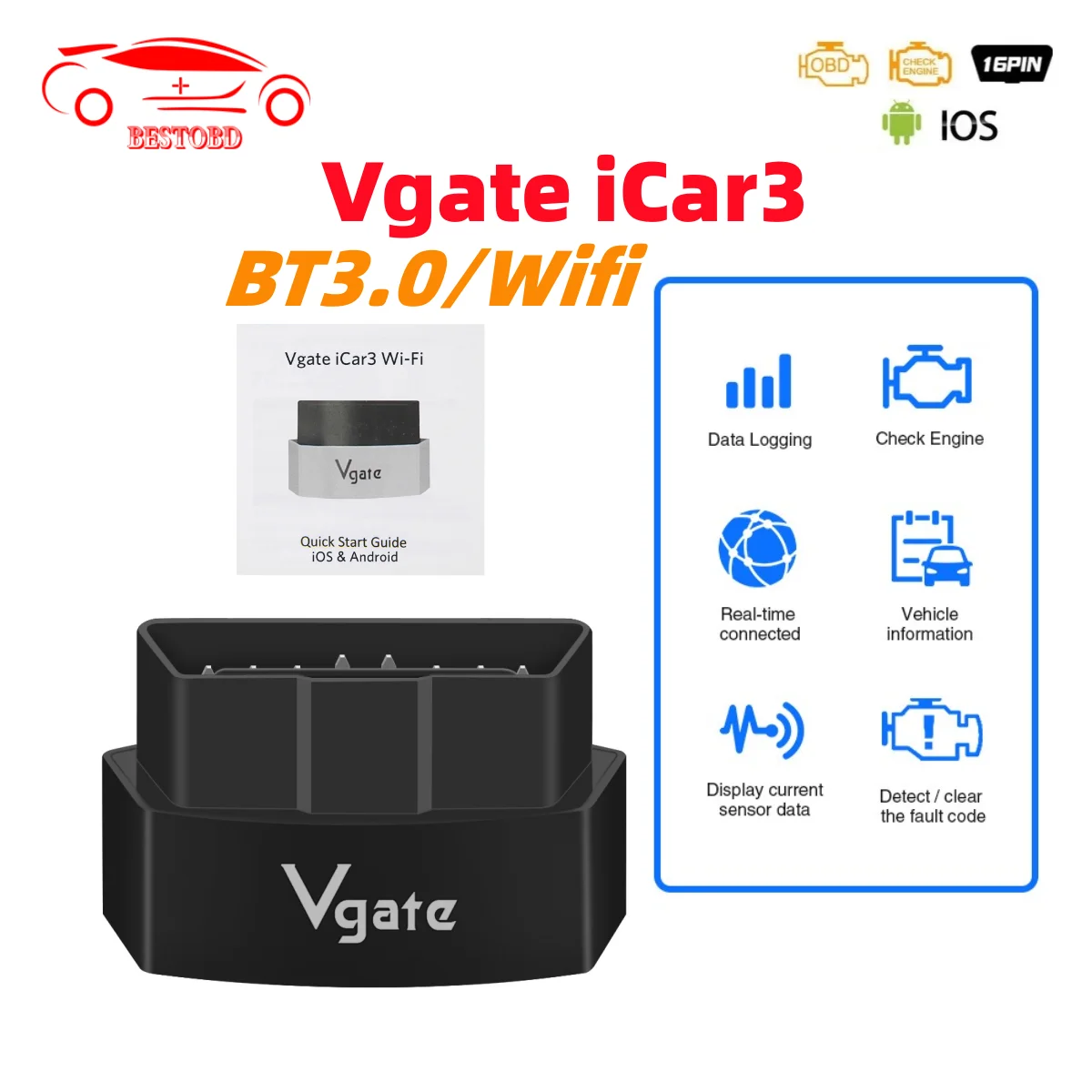 IOS için iCar3 Wifi Bluetooth/Android OBD 2 OBD2 otomatik teşhis aracı ELM327 araba için OBD kod okuyucu tarayıcı pk elm 327 V1 5