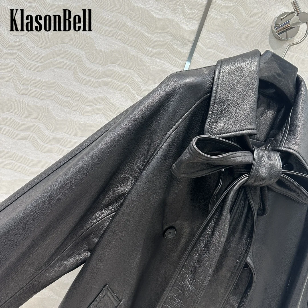 8.24 KlasonBell Women Vintage Fashion Long Leather Belt Collar Bow Sheepskin Jacket Double Breasted Loose Genuine Leather Coat