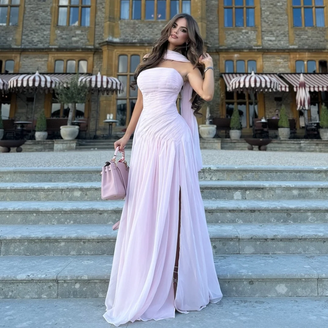

Pink Pleats Evening Dresses with Slit Elegant Wedding Party Dress Customized Chiffon Prom Gown Layers Vestidos