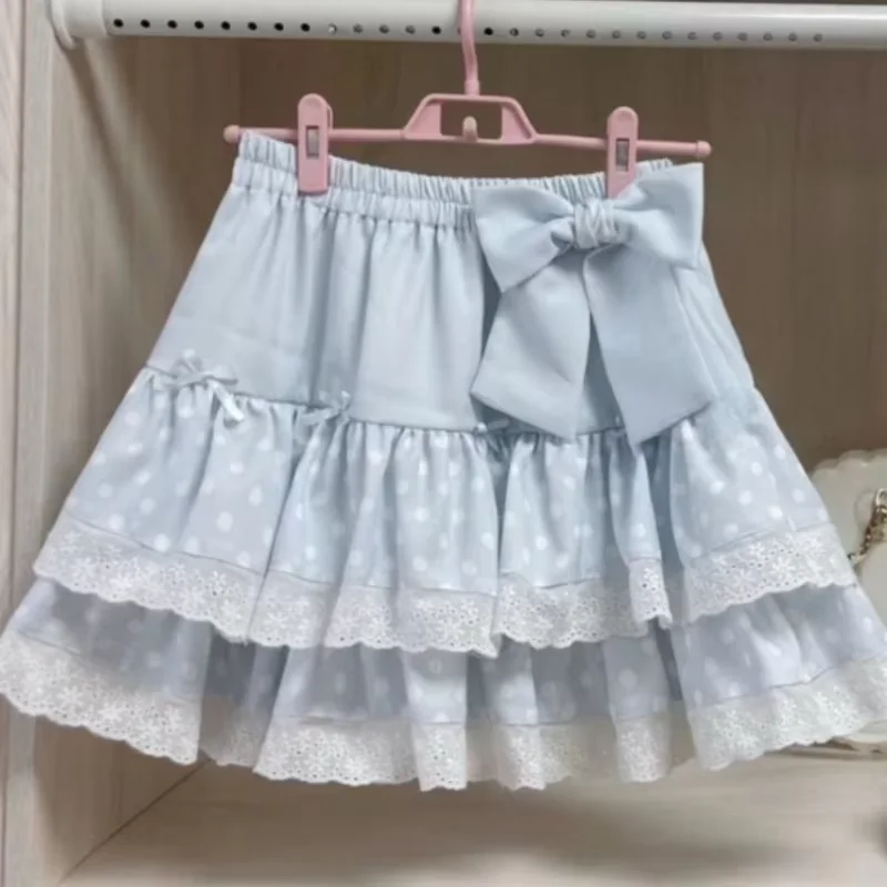 Design Bow Gray Pleated Skirt Women Lace Patchwork Mini Skirt 2024 Summer Fashion Lolita Style Striped Dot Print Cutecore Skirt image 5