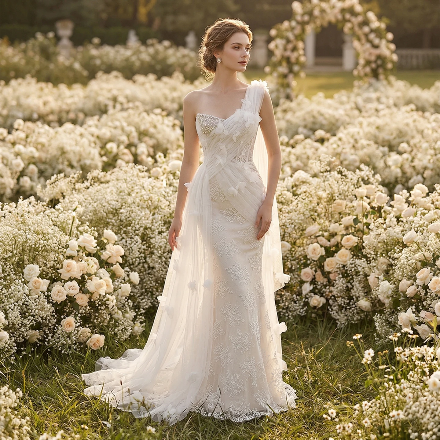 Sharon Said Luxury Butterfly Appliques Mermaid Wedding Dress One Shoulder with Bow Pearl Women Bride Ball Gowns SW638 Customized