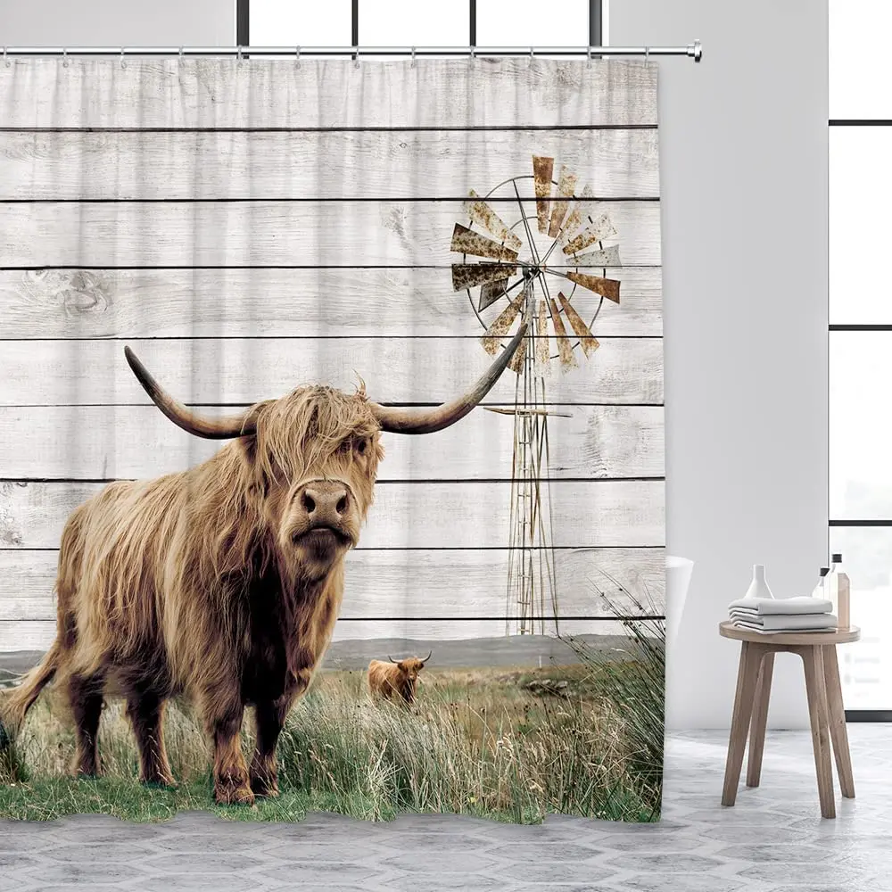 Farmhouse Cow Shower Curtain Highland Bull Cattle Farm Animals Windmill Grassland Bathroom Decor Fabric Bath Curtains with Hooks